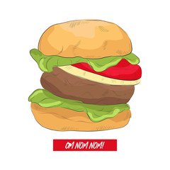 Line art burger with funny text. Hand drawn illustration with tasty hamburger menu art. Cafe poster decoration. American food design.