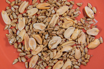 Mixed nuts in ceramic plate.Sunflower seeds snack ready to eat.