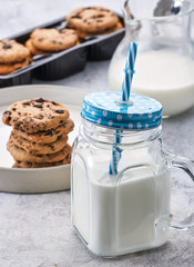 Breakfast with milk and biscuits with chocolate chips