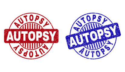 Grunge AUTOPSY round stamp seals isolated on a white background. Round seals with grunge texture in red and blue colors. Vector rubber imprint of AUTOPSY caption inside circle form with stripes.