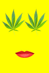 Girl face with eyes from weed hemp cannabis and lips. Modern design collage, pop art style. Trendy zine culture colorful background. Bright yellow flashy colors. Concept template print for textile