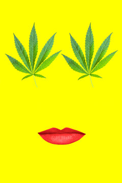 Girl face with eyes from weed hemp cannabis and lips. Modern design collage, pop art style. Trendy zine culture colorful background. Bright yellow flashy colors. Concept template print for textile