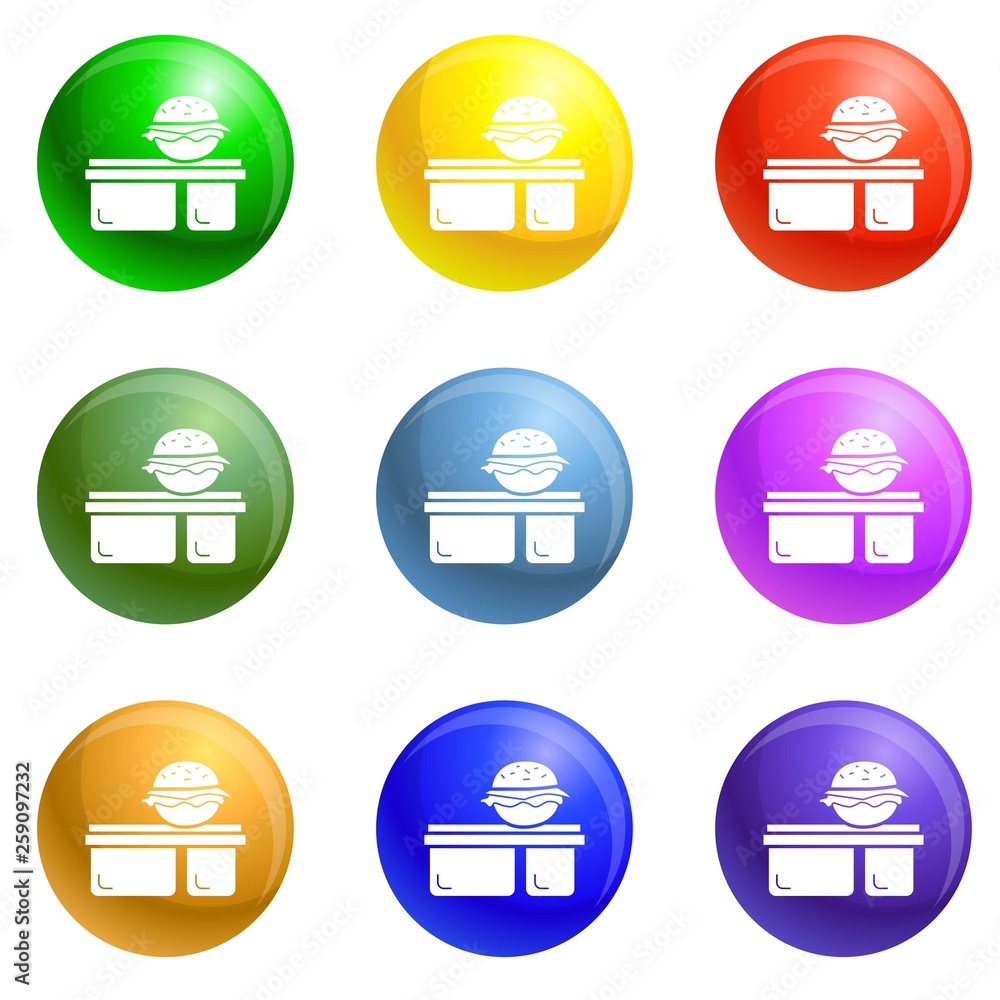 Poster burger lunchbox icons vector 9 color set isolated on white background for any web design