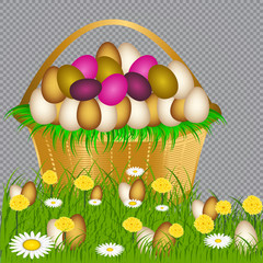 Easter eggs on the green grass. Seasonal holidays in April. Colorful egg and flowers.Banner