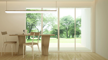 Dining room and space for add artwork. Dining area with forest and meadow view in hotel or home. 3D Illustration