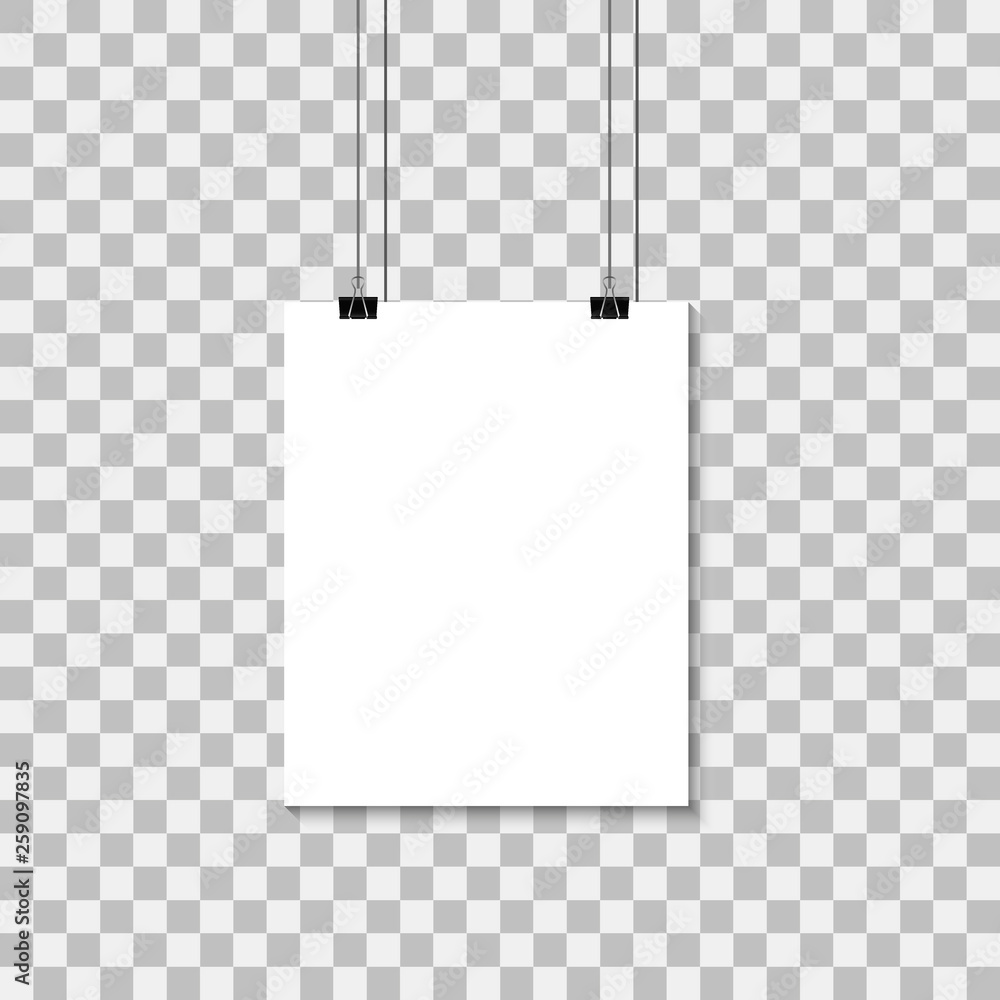 Aufkleber white poster hanging on binder. transparent background with mock up empty paper blank. layout mockup