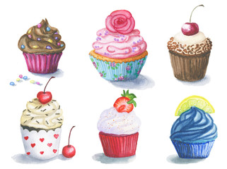 Large set of cute sweet cupcakes with lemon, cherry, chocolate, strawberries and color caramel 