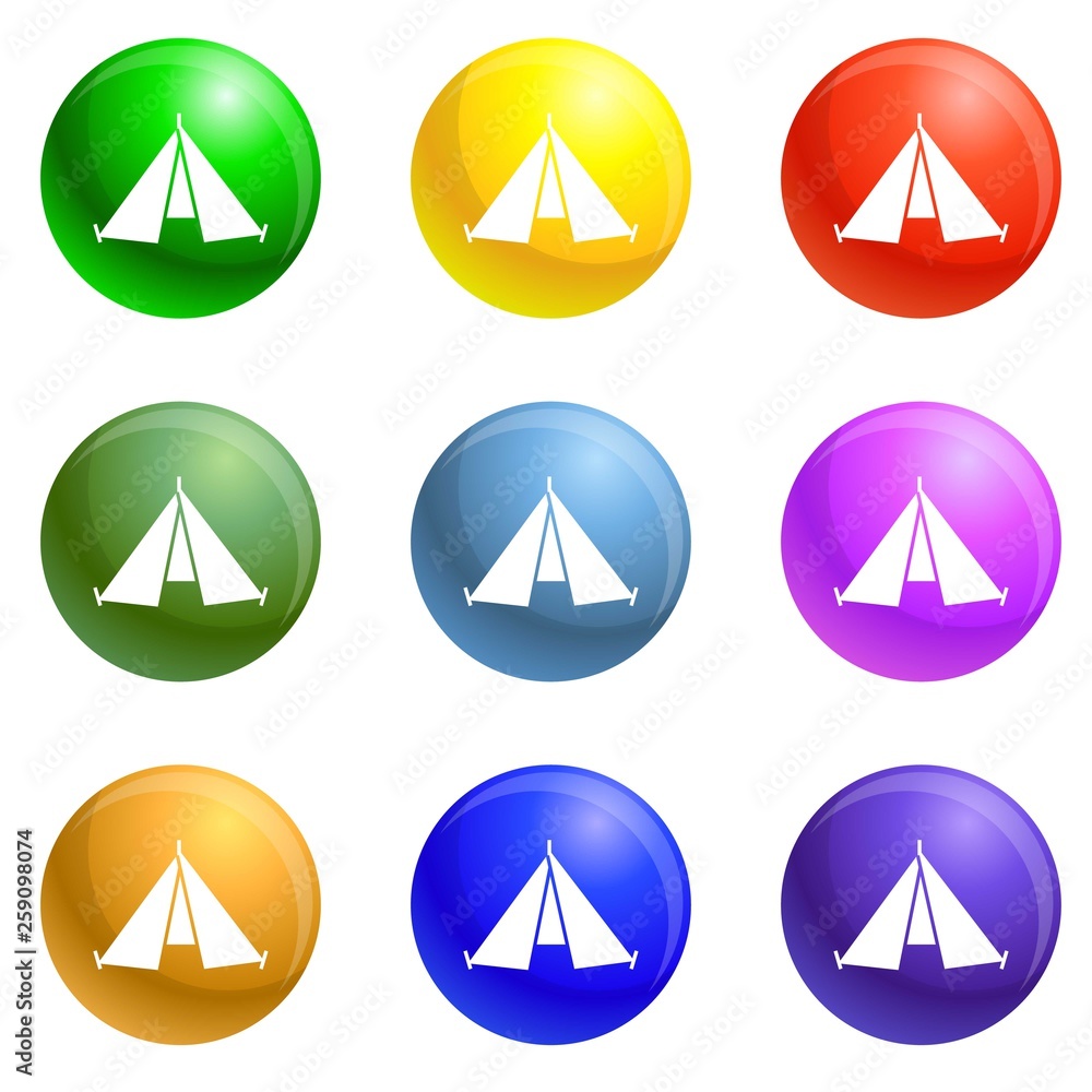 Poster hiking tent icons vector 9 color set isolated on white background for any web design
