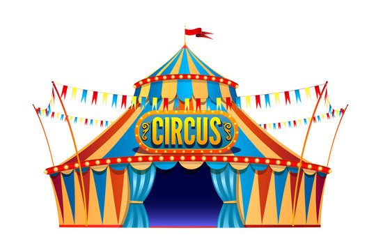 Classic red yellow travel circus tent on transparent background with decorative signboard, decorated with flags isolated vector illustration