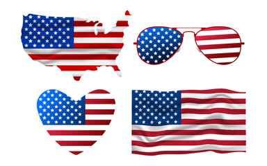 Set of American Icon. Sunglasses, Flag, Heart, Map. Happy 4 th July and Independence Day. Cartoon Vector illustration
