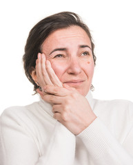 Healthcare, stress and headache concept. Stressedl woman touching temples over white background