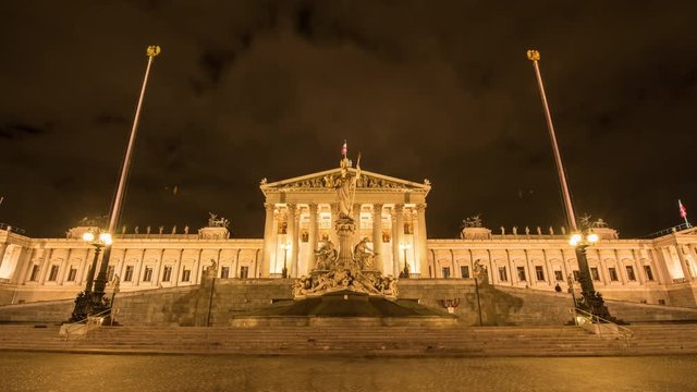 Timelapse of Austrian Parliament Building in Vienna at night