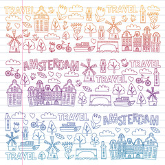 Vector pattern with Holland, Netherlands, Amsterdam icons. Doodle style.