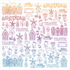 Vector pattern with Holland, Netherlands, Amsterdam icons. Doodle style.