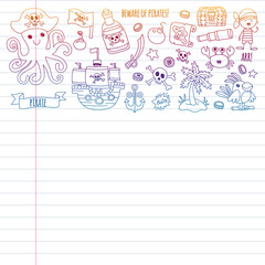 Vector pattern with pirate icons. Adventure, birthday party.