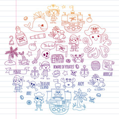 Vector pattern with pirate icons. Adventure, birthday party.