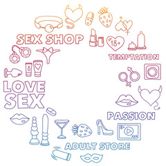 Vector set with sex shop icons. Erotic fetish games background.