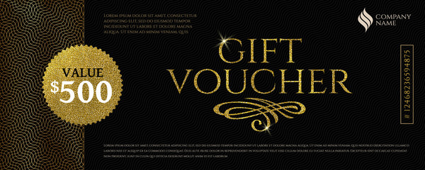 Gift voucher template with glitter gold elements. Vector illustration. Design for invitation, certificate, gift coupon, ticket, voucher, diploma etc. - obrazy, fototapety, plakaty