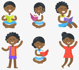 African children sit and read books in bright covers and stands with smiles isolated vector illustrations set on white background.