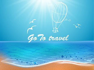 Sea beach and doodle elements. go to travel hand draw inscription. Sand and wave. Realistic vector background