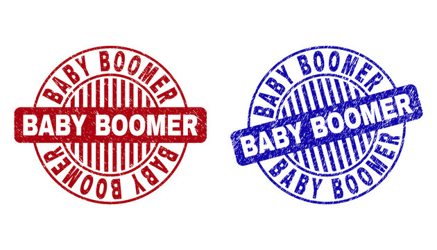 Grunge BABY BOOMER Round Stamp Seals Isolated On A White Background. Round Seals With Grunge Texture In Red And Blue Colors.