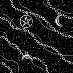 Seamless pattern background with pentagram and moon pendants on silver metallic chain. On black. Vector illustration