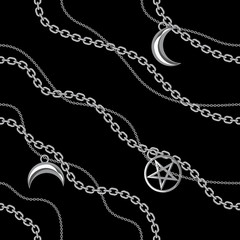 Seamless pattern background with pentagram and moon pendants on silver metallic chain. On black. Vector illustration