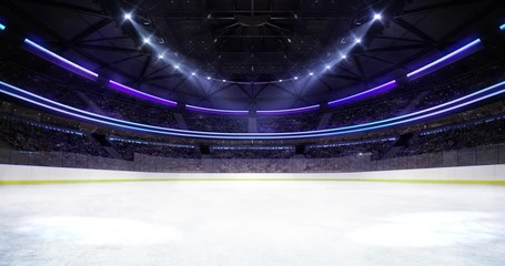 Entering the ice rink of the ice hockey stadium,  sport match invitation 4K animation zoom in background