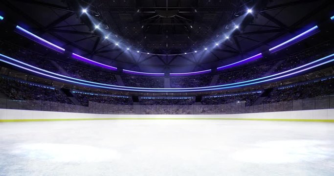 Entering the ice rink of the ice hockey stadium,  sport match invitation 4K animation zoom in background
