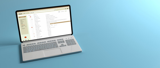 Obraz premium Email list on a computer laptop screen isolated on blue pastel background, banner. 3d illustration