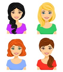 Set. Portraits of attractive girls with different hairstyles. Different hair color.