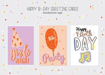 Happy birthday kids set with cute Holiday Party elements; gift box, ballon, cake, candle, hat. Isolated. White background. Vector. Good for decoration children's party