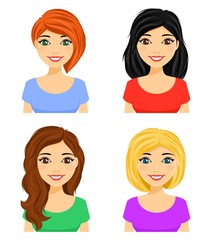 Set of portraits of young girls with different hairstyles. Different hair color.