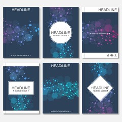 Scientific brochure design template. Vector flyer layout, Molecular structure with connected lines and dots. Scientific pattern atom DNA with elements for magazine, leaflet, cover, poster design