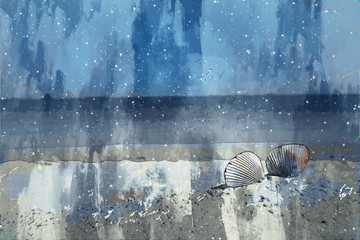 Digital painting of sea beach by brushed texture, sea shells on sand beach, illustration texture for background