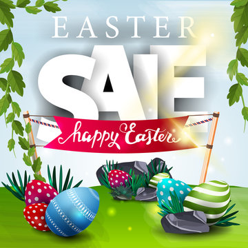 Easter sale, banner with spring landscape and Easter eggs and flag