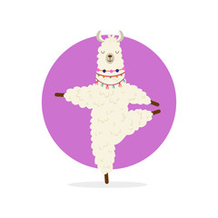 Cute cartoon llama practicing yoga pose. Animal yoga. Relaxation and meditation illustration.