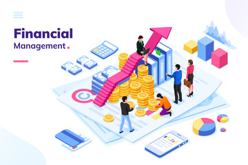 Isometric office with financial auditor or finance people. Man and woman auditor doing tax report or money inspection. Team or cartoon group near growth arrow and coins. Analysis concept, money review