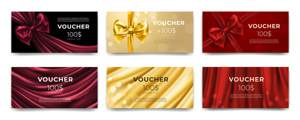 Golden voucher or red gift card, gold certificate for discount. Set of isolated template for present coupon with ribbon and bow. Shop invitation promo or flyer offer, birthday gift. Premium label - obrazy, fototapety, plakaty