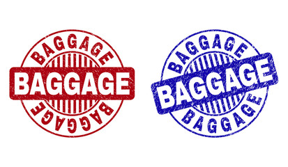 Grunge BAGGAGE round stamp seals isolated on a white background. Round seals with distress texture in red and blue colors. Vector rubber imitation of BAGGAGE text inside circle form with stripes.