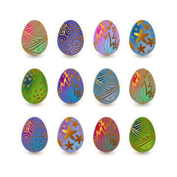 Easter eggs set. Colored luminous or glass with gold ornaments. Spring holidays in April. Egg hunt.