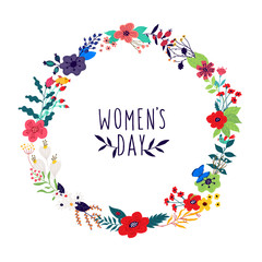 Illustration of a wreath of flowers and buds on a white background. Picture for banner, greeting card. March 8, women's day. Cartoon style. The image of summer and spring. Round frame.