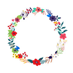 Illustration of a wreath of flowers and buds on a white background. Picture for banner, greeting card. March 8, women's day. Cartoon style. The image of summer and spring. Round frame. Invitation.