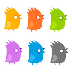 Tufted birds flat icon set. Funny chick with mouth open isolated, vector illustration