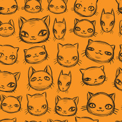 Charismatic cat set, hand drawn sketch, funny cartoon animals face seamless pattern