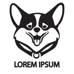 Welsh Corgi face icon, pet shop or veterinary clinic logo, isolated vector on white background, black and white