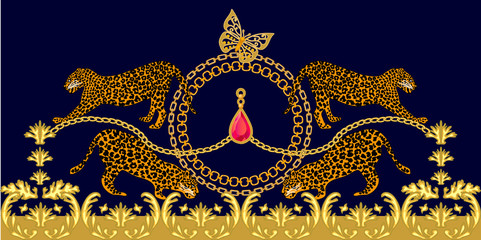 Rich baroque border with wild animals. © svetlanakononov7