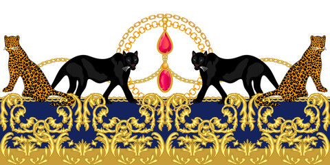 Rich baroque border with wild animals. © svetlanakononov7