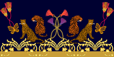 Rich baroque border with wild animals. © svetlanakononov7