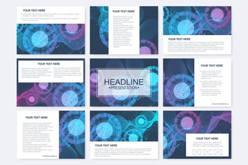 Big set of vector templates for presentation slides. Modern graphic background structure molecule and communication. Scientific pattern atom DNA. Medical, science, chemistry design.
